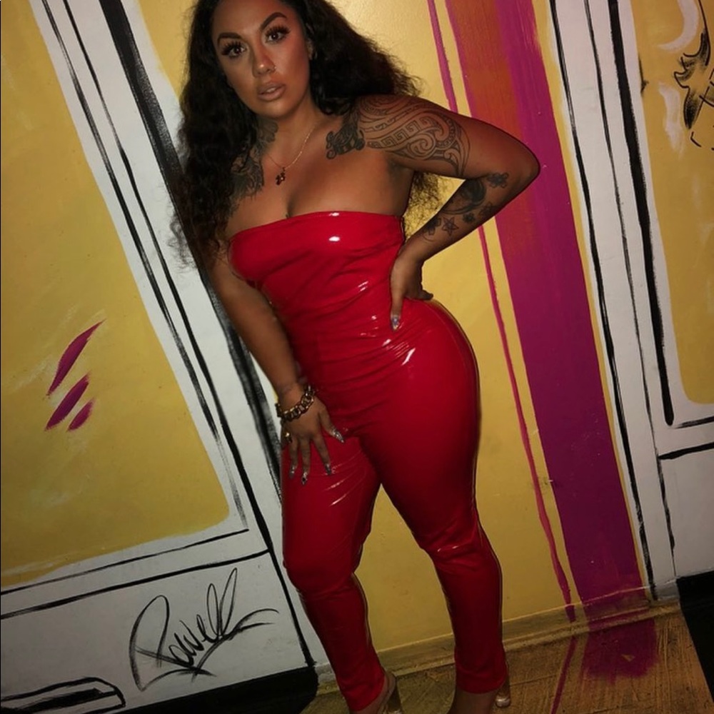 Red pleather onsie with zipper